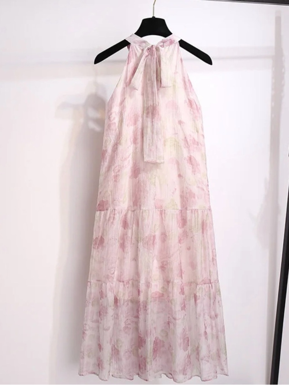 Water-colour Floral Halter Tiered Maxi Dress - Pastel Pink - Picture 10 of 12
